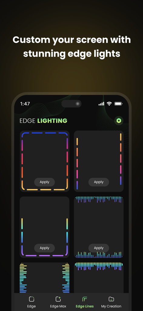 Oberfläche der Edge Lighting App, die verschiedene Neonrand- und Linienstile zur Bildschirmanpassung zeigt