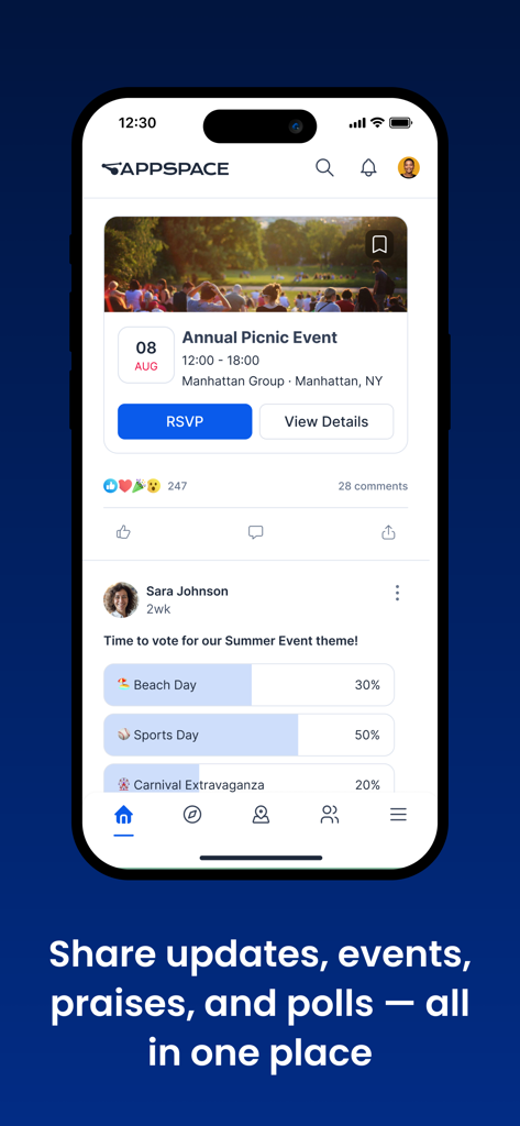 Appspace - Appspace mobile app screen showing internal company events and employee polls