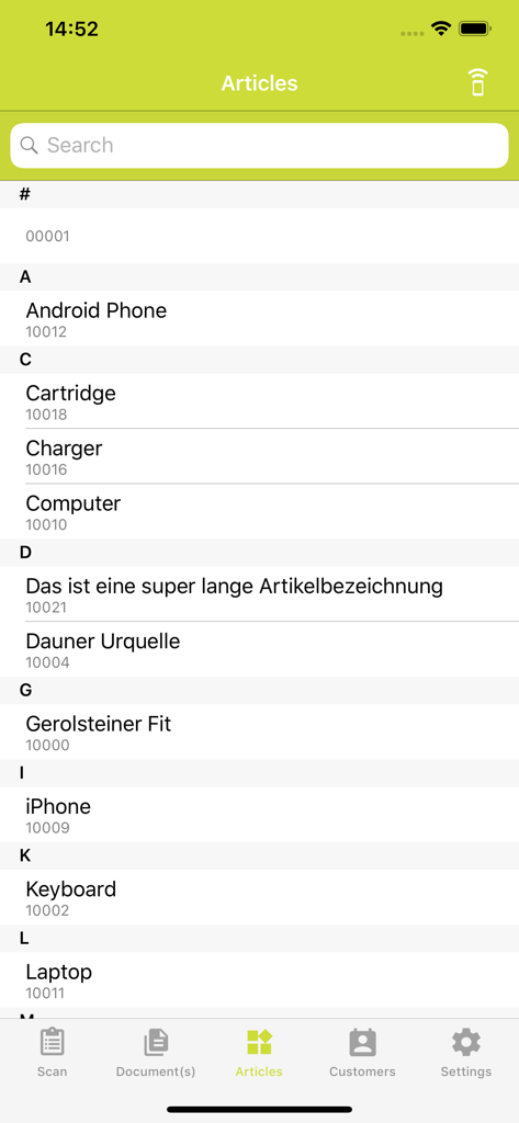 Trade-in - Alphabetische Liste von Inventarartikeln und Identifikationsnummern in der Trade-in-Business-App.