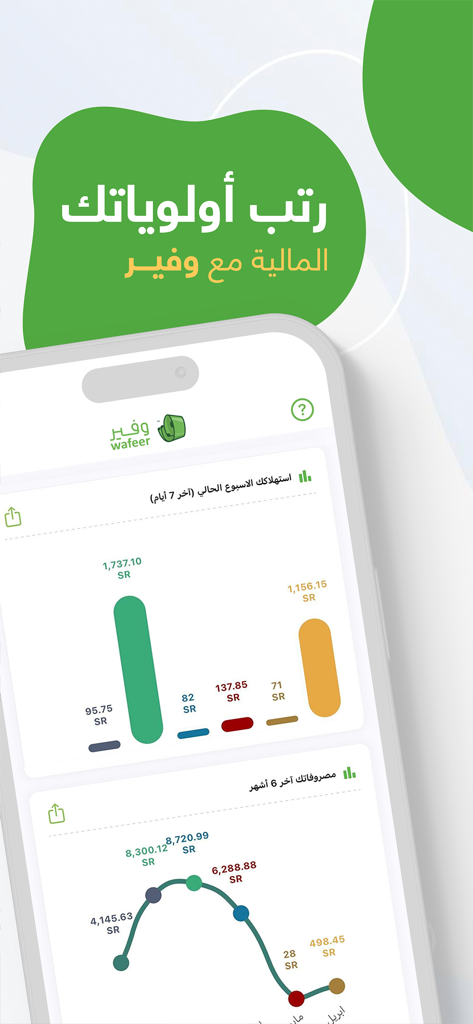 Wafeer finance app dashboard displaying automated expense reports and spending charts in Arabic