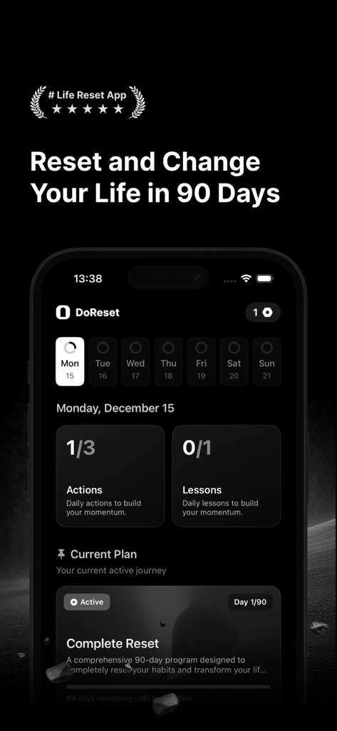 DoReset: Reset Your Life - DoReset app interface showing a 90 day plan with daily actions and lessons