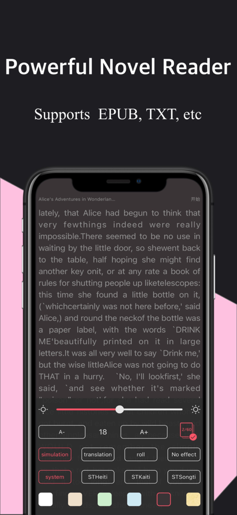 Interfaz de la aplicación móvil mostrando un lector de novelas compatible con formatos EPUB y TXT con configuraciones de lectura personalizables