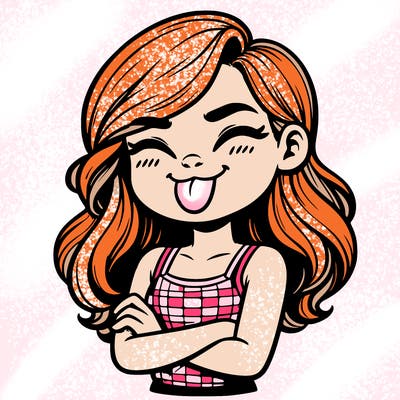 realistic girl crossing her arms and wearing a tank top with her tongue held out she has long hair