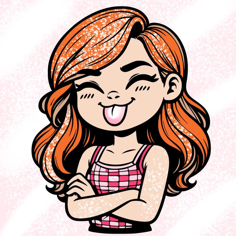 realistic girl crossing her arms and wearing a tank top with her tongue held out she has long hair