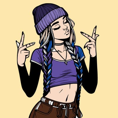realistic teenage girl with braids and a beanie and crop top doing 🫶🏼