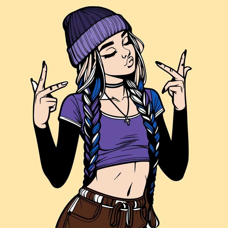 realistic teenage girl with braids and a beanie and crop top doing 🫶🏼