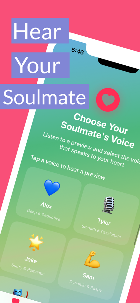 Amuna - A screenshot of the Amuna app showing different AI voice options for personalized romantic messages like Alex Tyler Jake and Sam