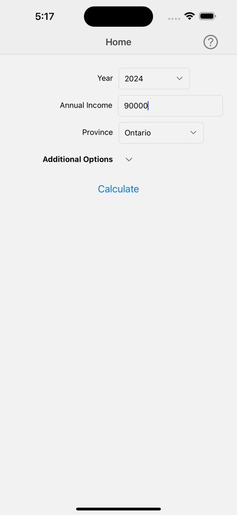 Home screen of Canada Income Tax Calculator app with inputs for annual income and province selection.