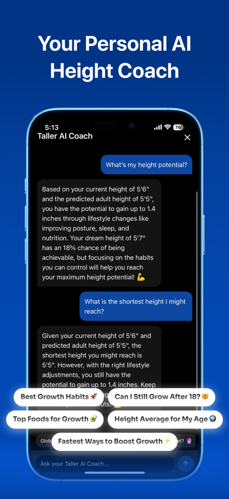Taller AI - Interface do aplicativo Taller AI apresentando um treinador de altura com IA fornecendo previsões de crescimento e conselhos de estilo de vida