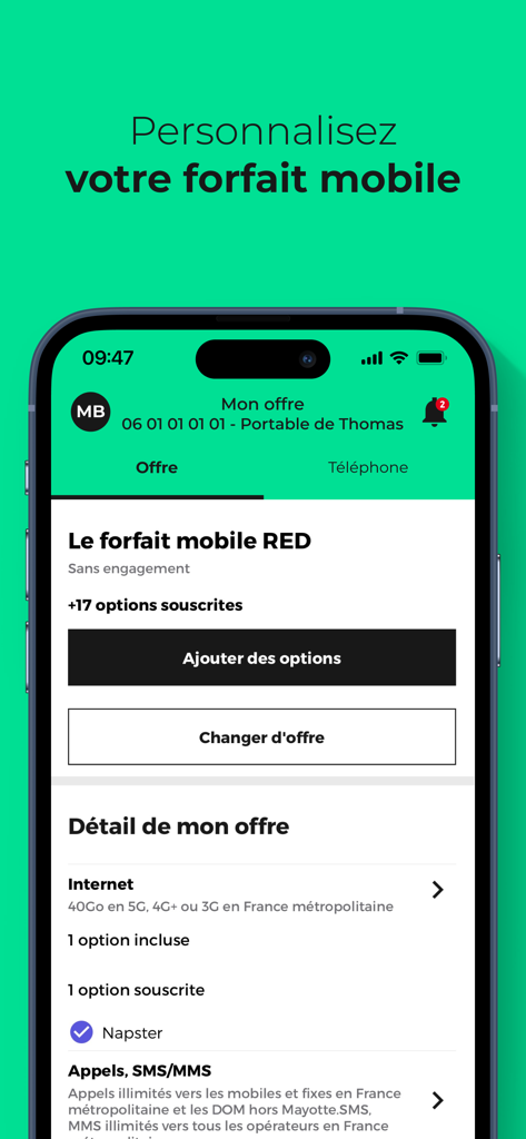 RED & Moi - モバイルプランのカスタマイズとオプションの管理方法を示すRED & Moiアプリのスクリーンショット。