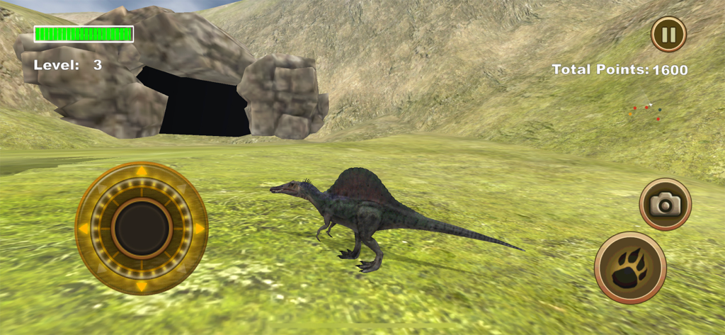 A Spinosaurus dinosaur standing in a grassy 3D environment near a cave in a survival simulator game.