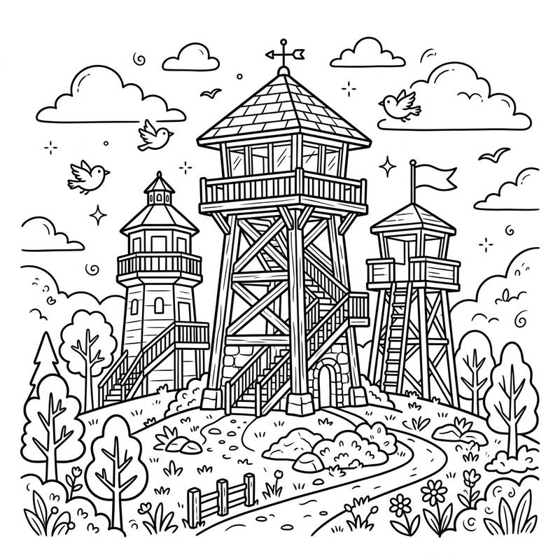 Spark imagination with this delightful coloring page featuring three charming observation towers. Kids will love coloring the scenic hillside, friendly birds, and fluffy clouds surrounding these majestic structures.