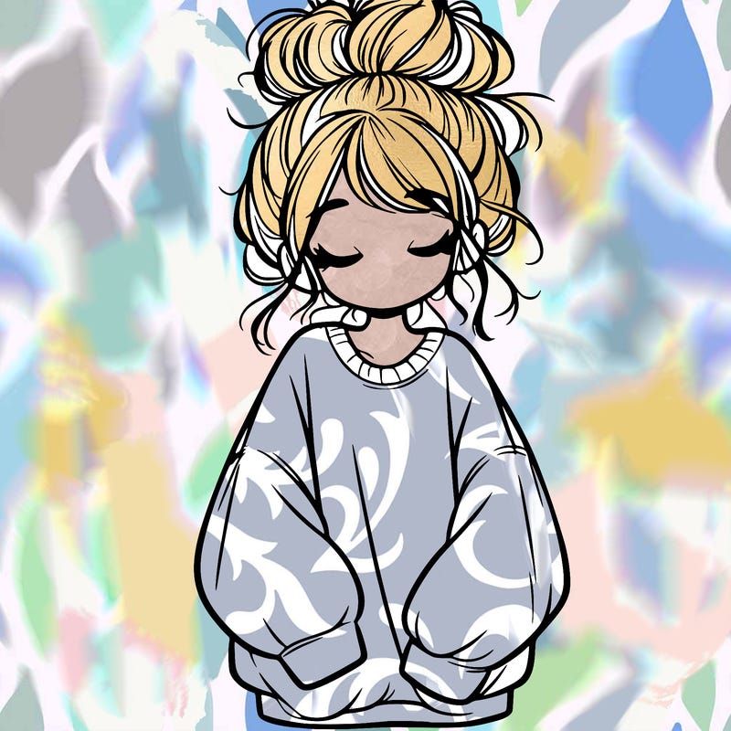 girl with baggy sweatshirt and messy bun