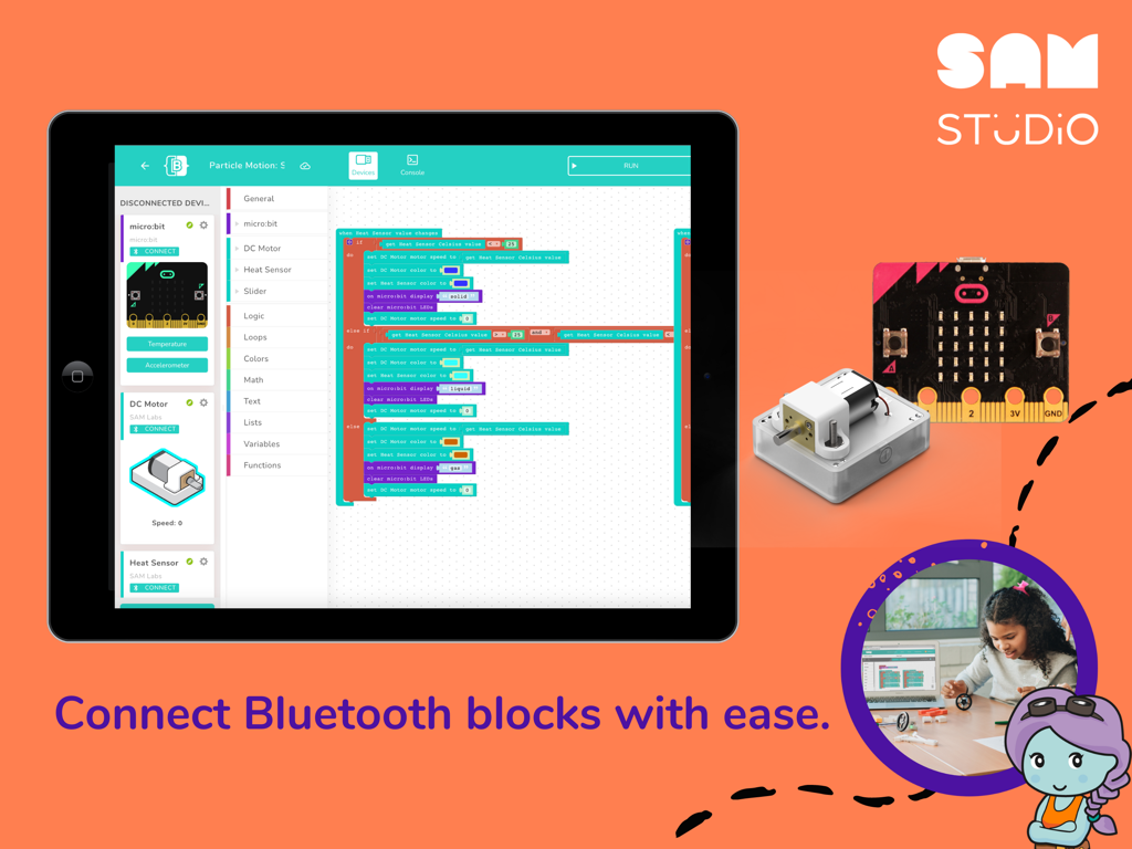 SAM Studio app interface showing block coding with physical Bluetooth motors and sensors.