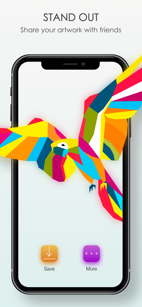 Pop Art Jigsaw HD Puzzle Games - A colorful geometric parrot puzzle displayed on a smartphone screen with save and share buttons