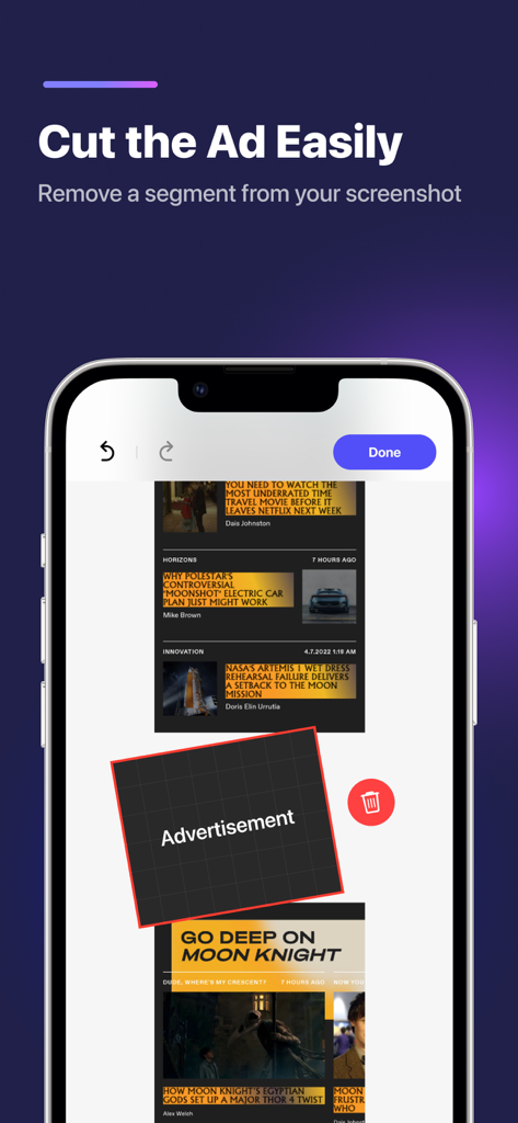 Stitch Photos - Stitch Photos app interface showing how to easily remove an advertisement segment from a long screenshot