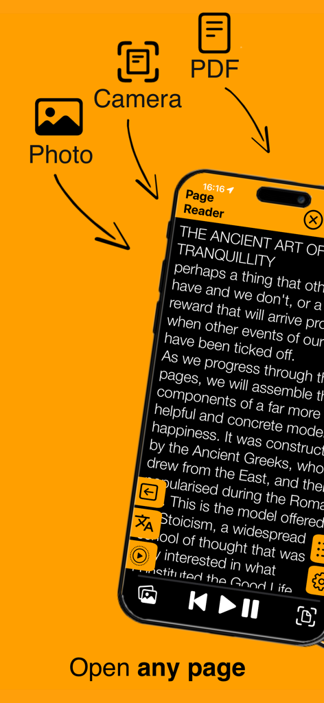 Page Reader - Page Reader app interface showing options to scan pages from camera or import PDF files for audio playback