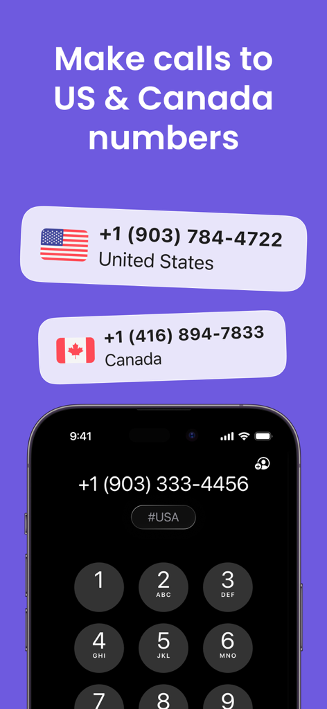 Second Phone Number: 2nd eSIM - 仮想セカンドラインを使用して米国およびカナダの番号に電話をかけるためのモバイルアプリインターフェース