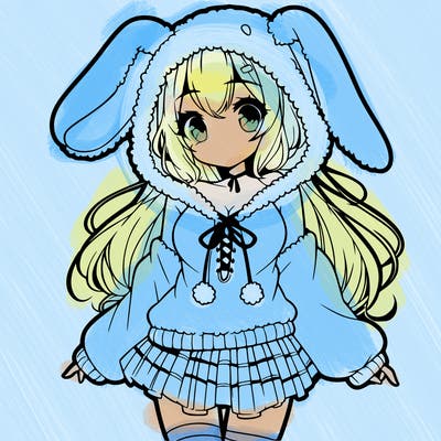 pretty anime girl wearing a fluffy hoodie with bunny ears on the hood and a skirt