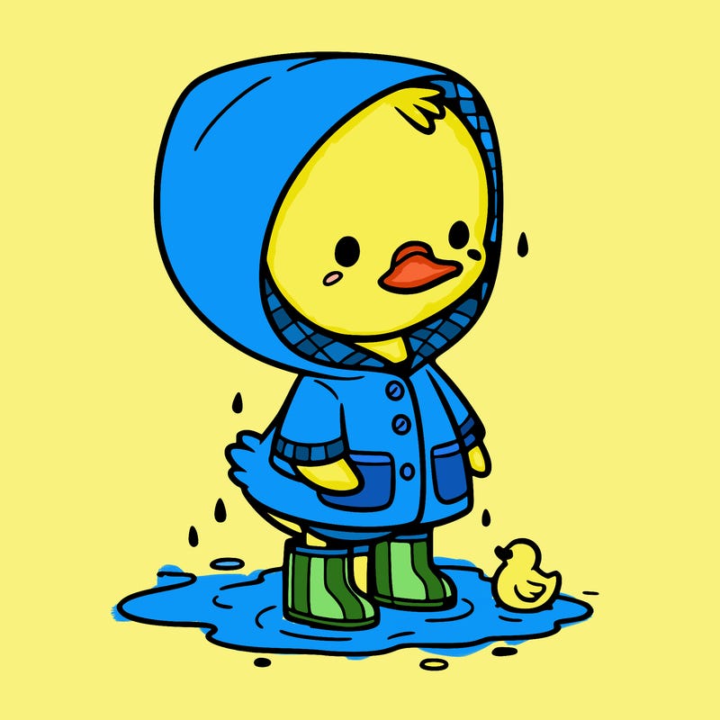 baby duck in a rain coat and boots, in a puddle while it’s raining