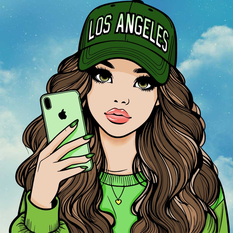 realistic beautiful girl wearing los ángeles cap holding an iphone