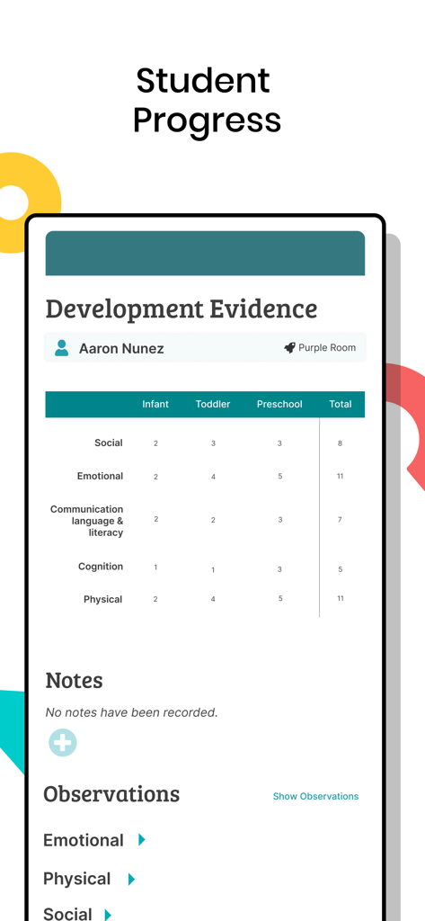Lillio - A student progress screen in the Lillio app showing development evidence for social and emotional skills.