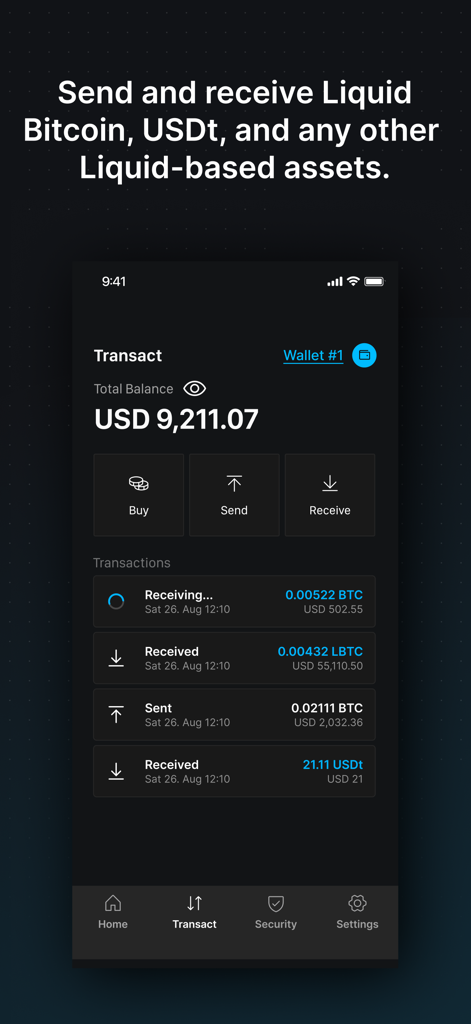 Blockstream Green app interface showing Bitcoin and Liquid asset transactions with a total balance in USD.