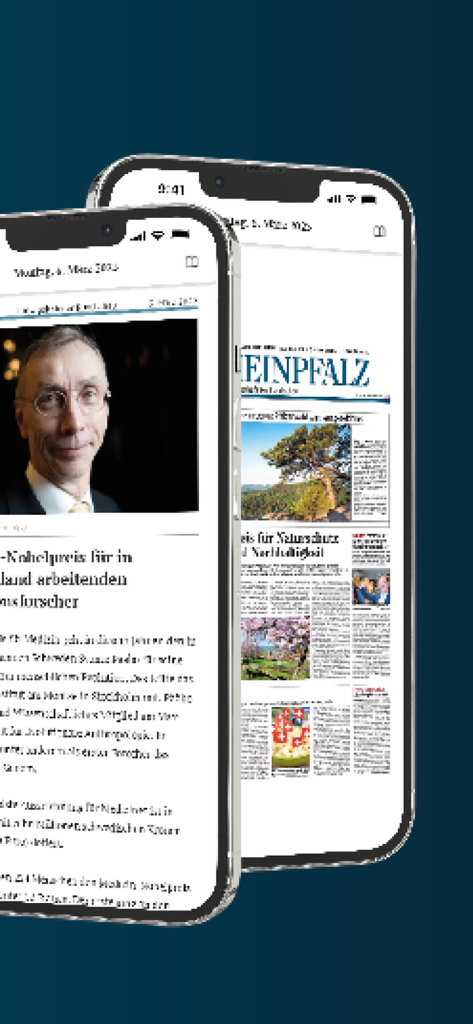 DIE RHEINPFALZ – Nachrichten - Dos iPhones que muestran la aplicación móvil DIE RHEINPFALZ con una página de periódico digital y un artículo de noticias