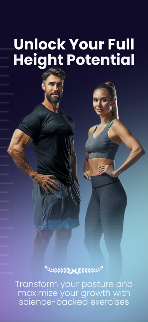 A man and woman demonstrating upright posture next to a height measurement scale in the HeightMax app.
