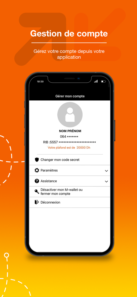 ユーザー設定とプロフィール情報を表示するOrange Money Marocアプリのアカウント管理画面