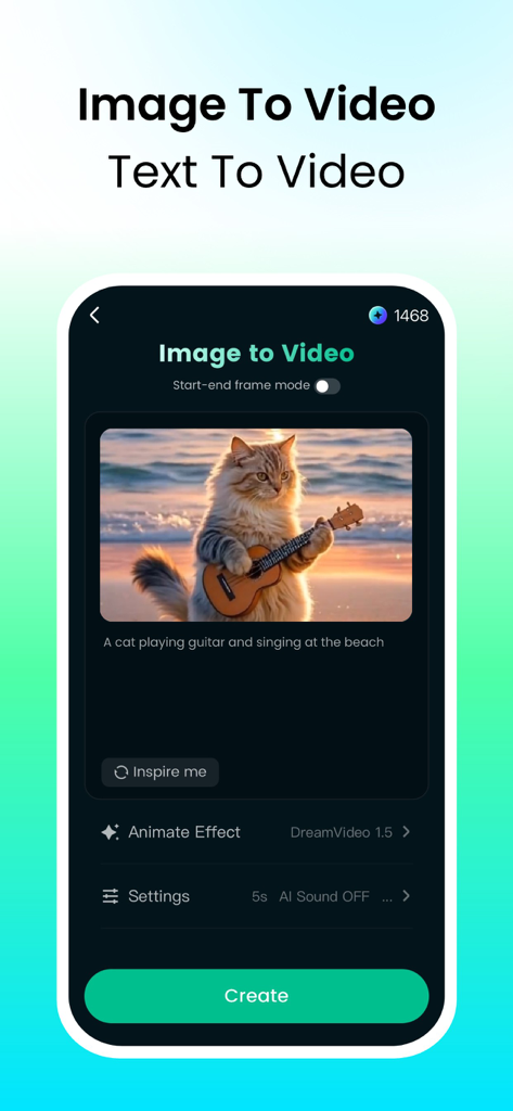 DreamFace: AI Video Generator - DreamFace app interface showing the Image to Video feature with an AI generated cat playing guitar