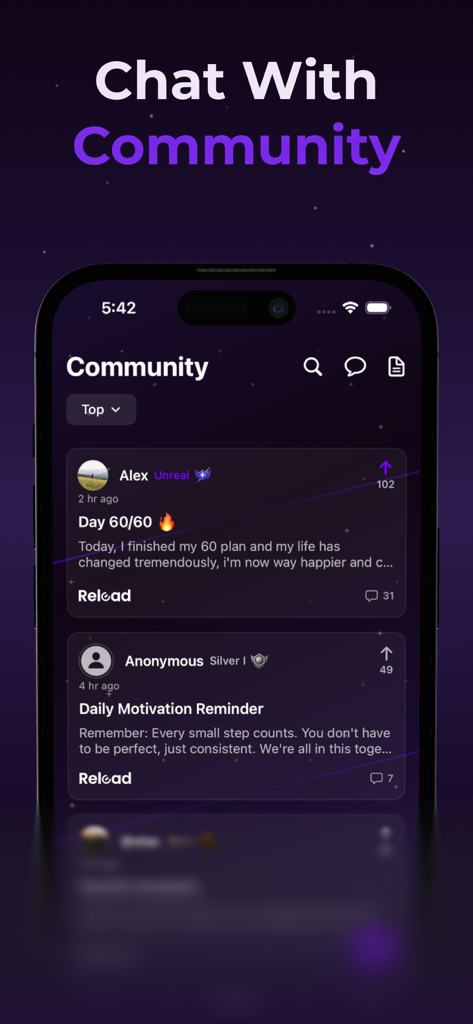 Reload: Reset Life & Lock In - Reload app community screen showing user posts and ranked status levels for habit tracking.
