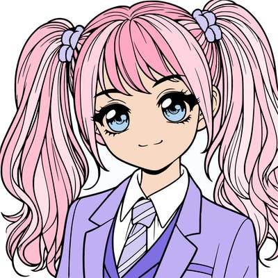 realistic girl with two ponytails and a suit on