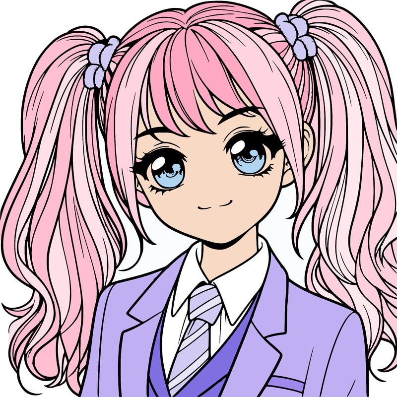 realistic girl with two ponytails and a suit on