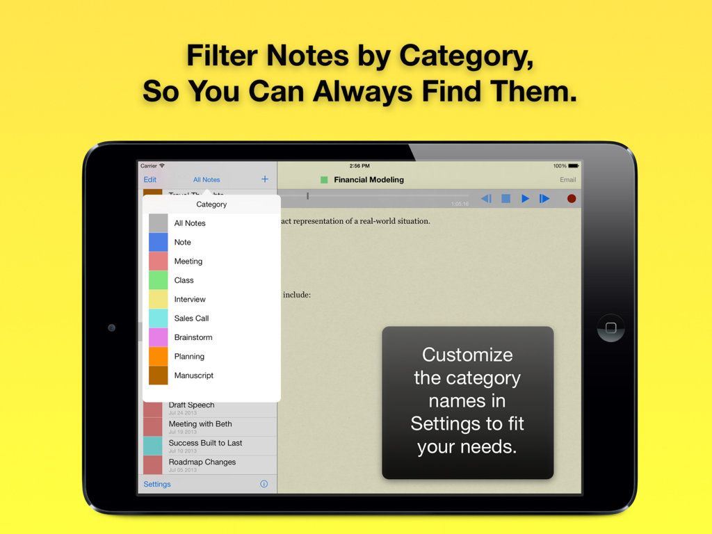 Audio Notebook: Voice Recorder - Audio Notebook app on iPad displaying a menu to filter notes by color coded categories like meeting and class