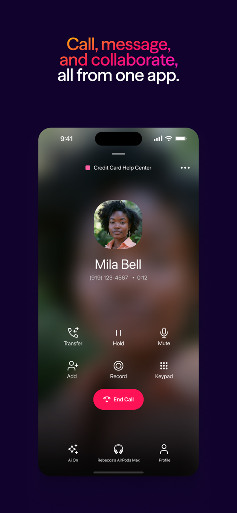 Dialpad mobile app showing an active professional business call with AI features enabled