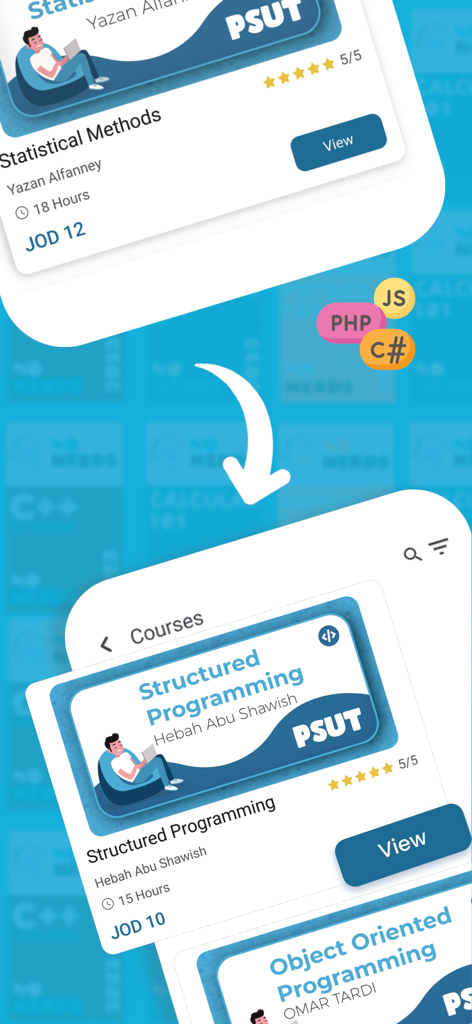 NoNerds - Mobile app interface of NoNerds displaying a catalog of academic courses including Structured Programming and Statistical Methods with ratings and instructor information.