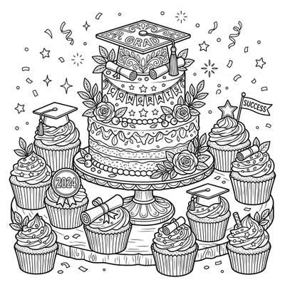 Mark a special achievement with our charming vegan graduation cake and cupcakes coloring page. This delightful design is perfect for celebrating academic milestones with a sweet, plant-based twist.