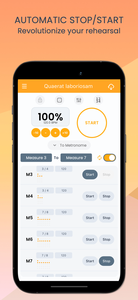 DropSpin Metronome - DropSpin Metronome app interface showing automatic stop start and measure based rehearsal tools