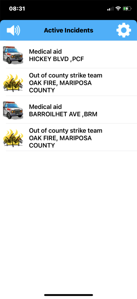 Screen showing a list of active emergency incidents including medical aid and fire strike teams