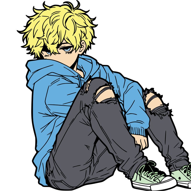 a male hoddie ripped jeans messy hair anime