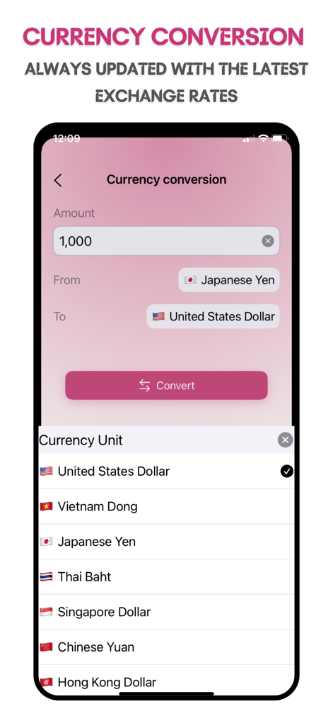 MoneyBay: Expense Manager - MoneyBay app currency conversion screen showing Japanese Yen to US Dollar exchange rates