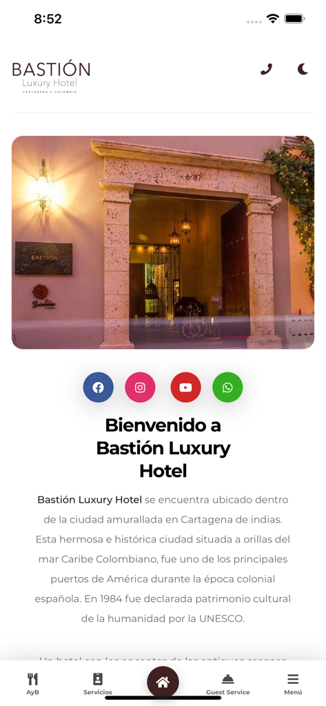 GHL Plus - Pantalla de bienvenida de la aplicación móvil para Bastion Luxury Hotel en Cartagena con enlaces a redes sociales y detalles del hotel