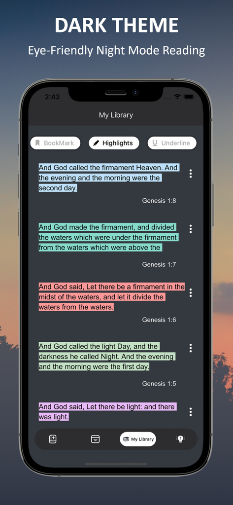 NLT Bible app interface showing dark mode with highlighted scripture verses for nighttime reading