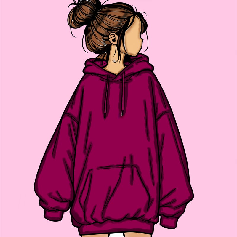 realistic girl with a oversized sweatshirt on and a bun