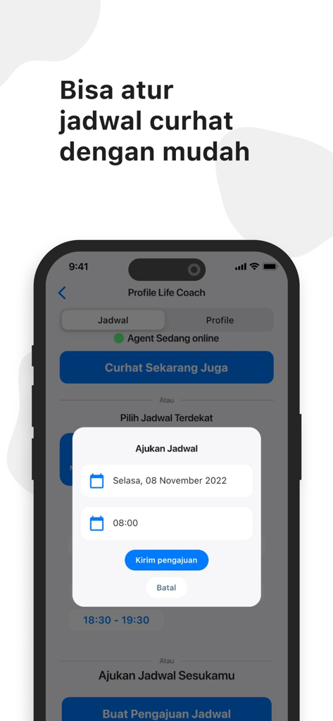 A mobile interface for scheduling a counseling session with a life coach on the Teman Curhat app.
