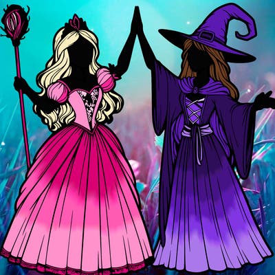 detailed realistic split of a princess and a witch