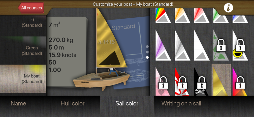 Pantalla de personalización de barco de la aplicación Top Sailor que muestra opciones de color y diseño de velas