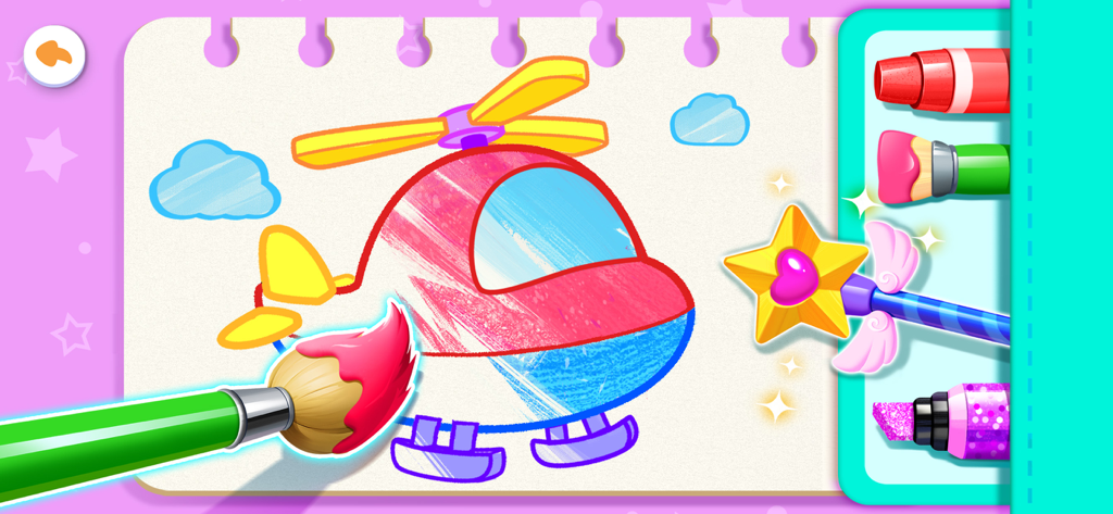 Baby Panda's House Games - Eine digitale Malvorlage für Kinder, die einen Hubschrauber zeigt, der mit einem pinken Pinsel und Werkzeugen bemalt wird