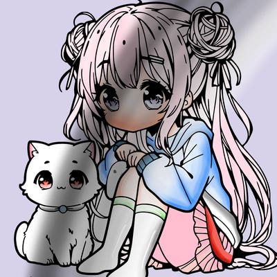 anime cute girl with her pet
